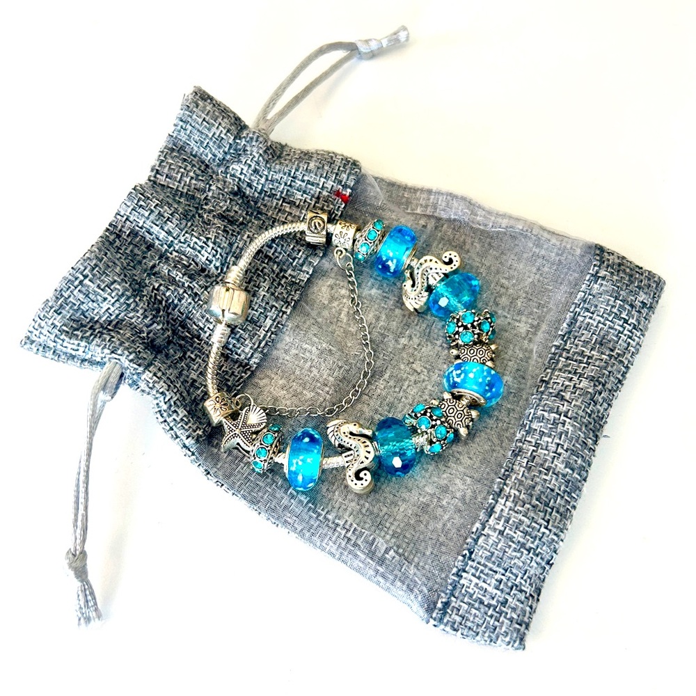 NEW charm bracelet summer travelocean turtle blue gem beads silver Y2K whimsical